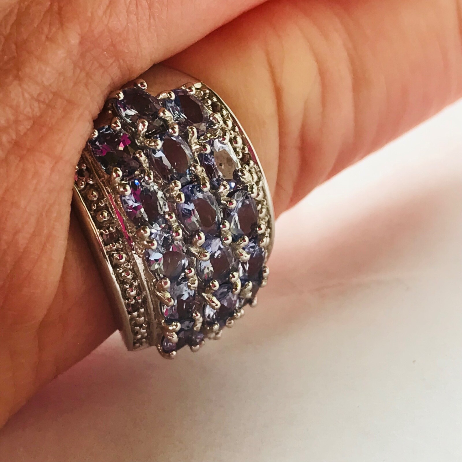 TANZANITE Ring 925 Dome Sterling Silver Cluster 3 row Faceted Zircon SGR VTG sz7