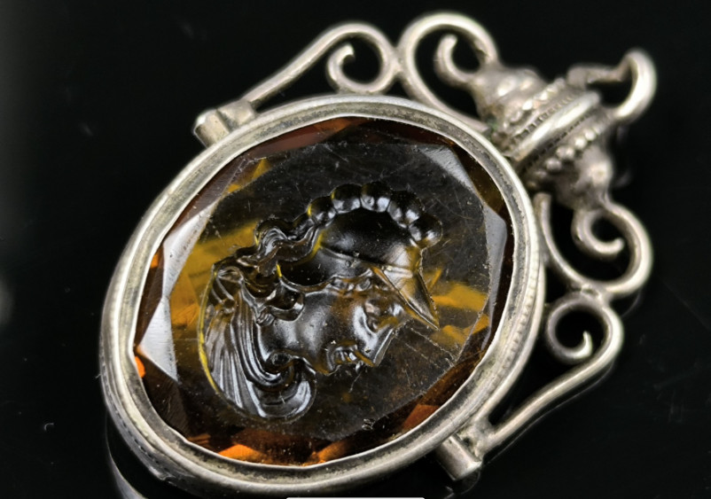 Victorian Silver Reversible Intaglio Pendant Amber Glass Cameo Hallmarked 1900