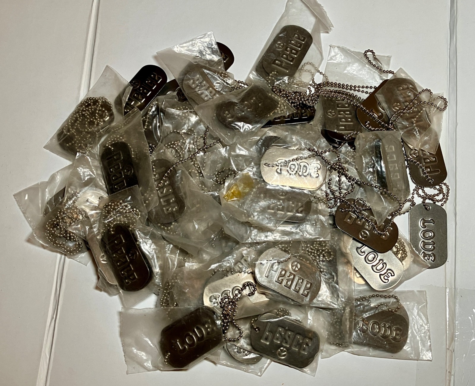 LOT 40+ VINTAGE 1960s Hippie Peace Love Dog Tag Necklace NOS Under $5 Each Bulk