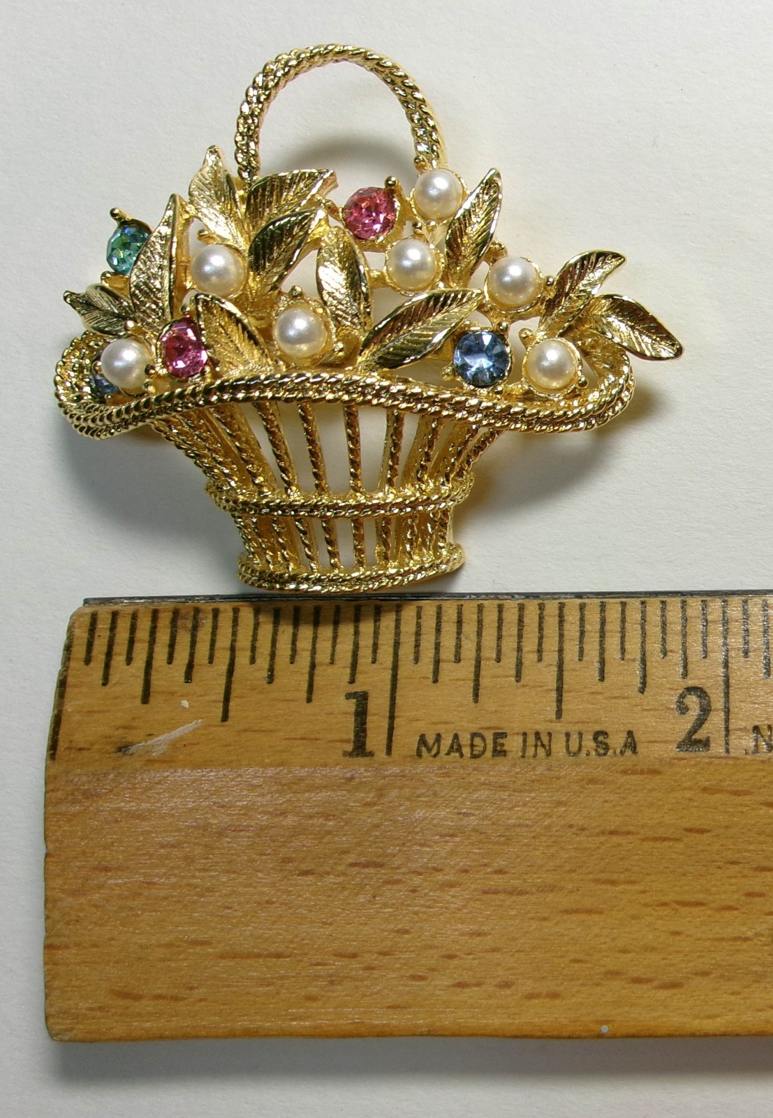 Vintage Gerry’s Signed Gold Tone with Rhinestones Flower Basket Brooch Pin