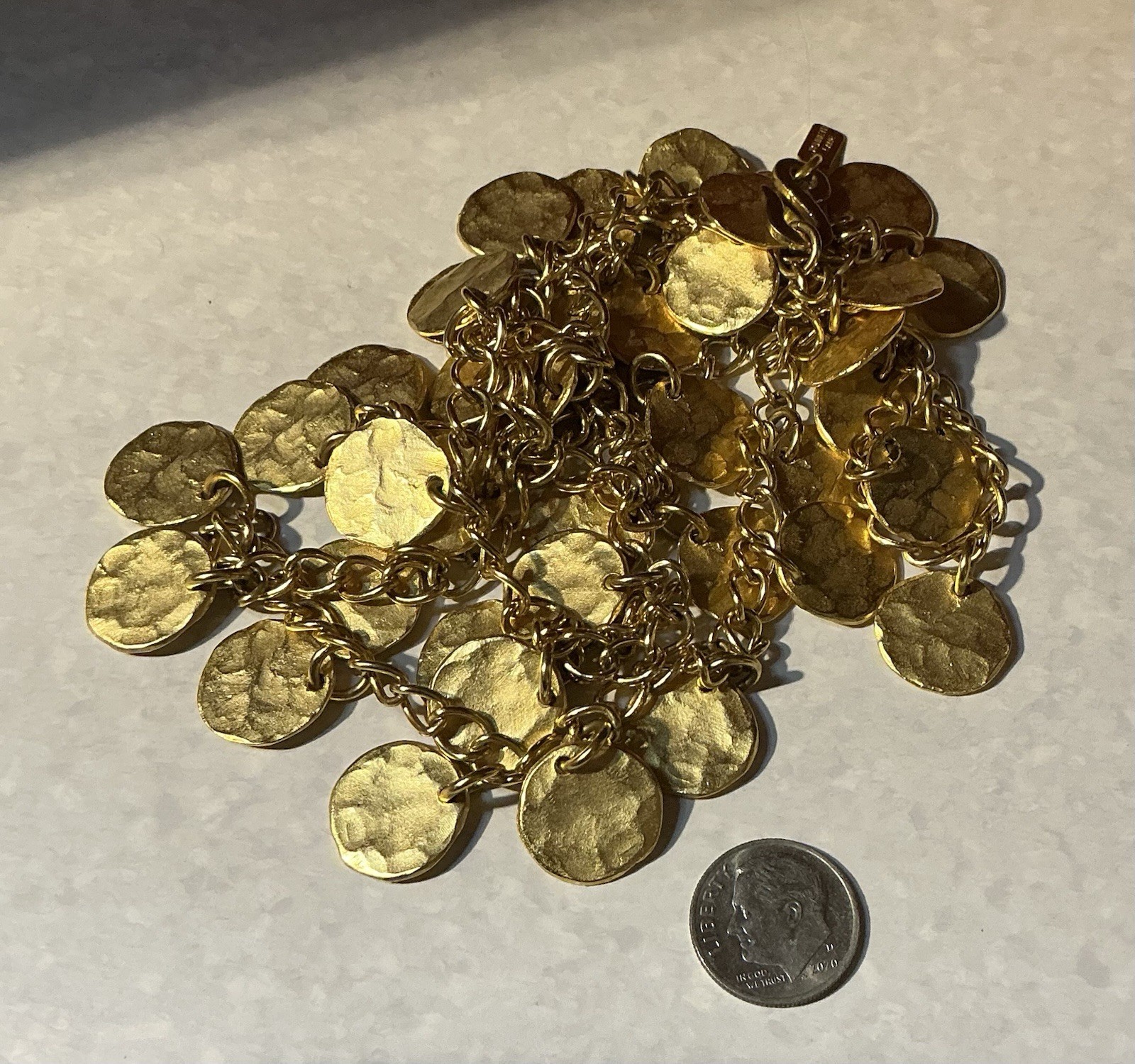 Vintage Kenneth Jay Lane Satin Gold Hammered Coins Discs Necklace 36″ Long 1980s