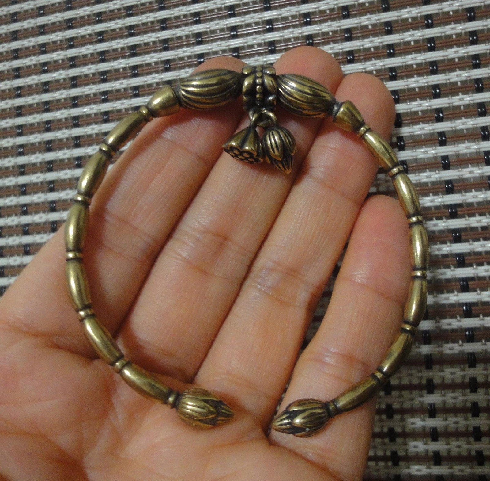 Vintage Knick Knacks Solid Brass Lotus Flower and Seed Dangle Bracelet Bangle