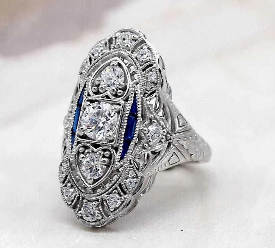 Share Art Deco Vintage Style Lab Created Diamond Wedding Anniversary 925 Silver