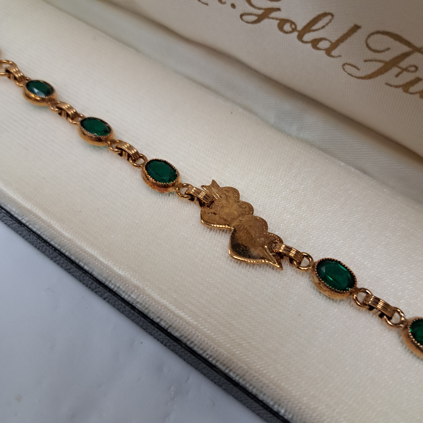 Vintage 6.5 In 12k Gold Filled Green Stone Double Heart Tennis Bracelet With Box