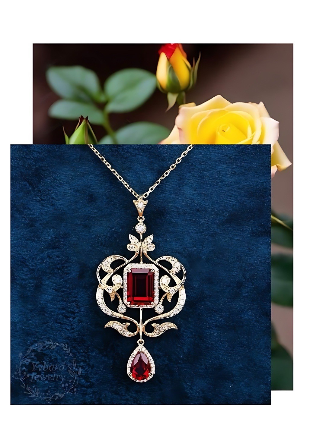Victorian Emerald Cut Ruby & CZ Filigree Pendant Necklace Drop Floral Statement