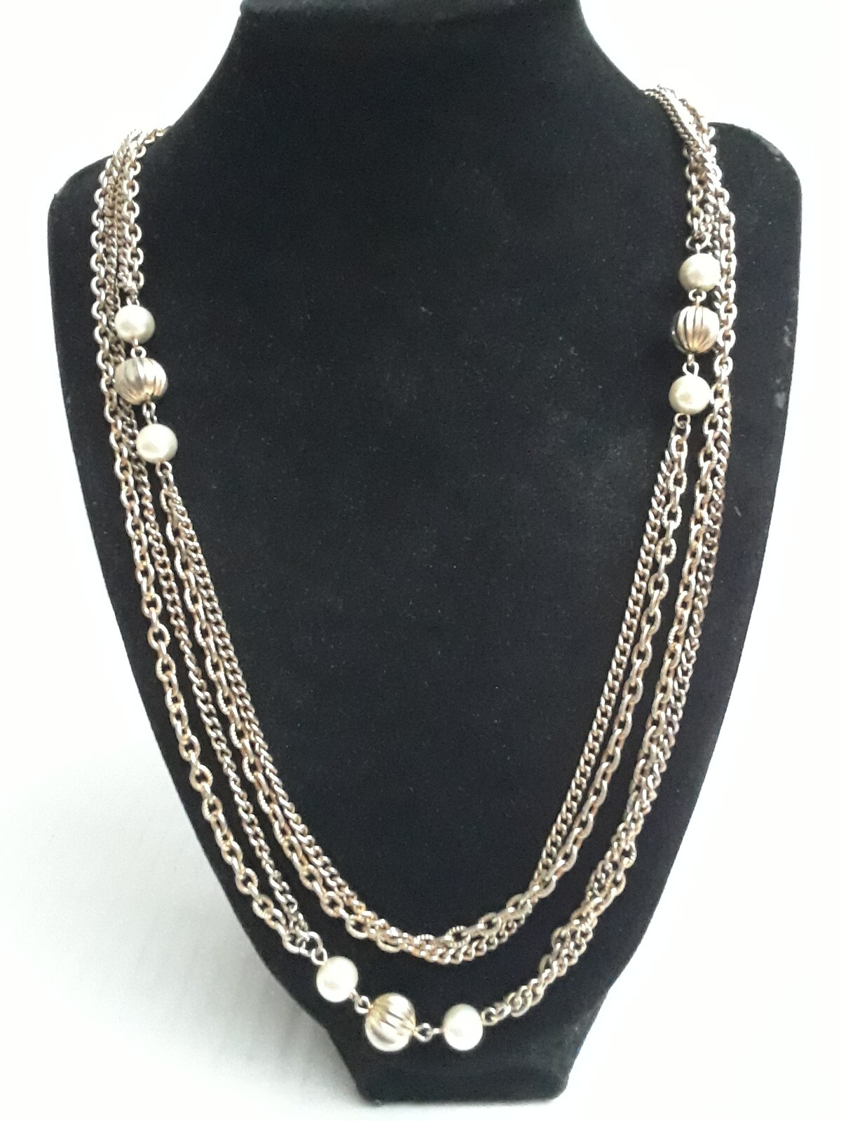 Vintage Extra Long Gold Tone Necklace with Faux Pearls Two Strand 25 in.