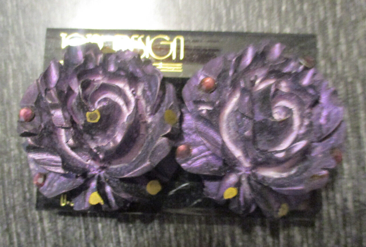 Vintage Designer Artisan Signed Jeff Lieb Crystal 3D Rose 1-5/8″ Clip Earrings!