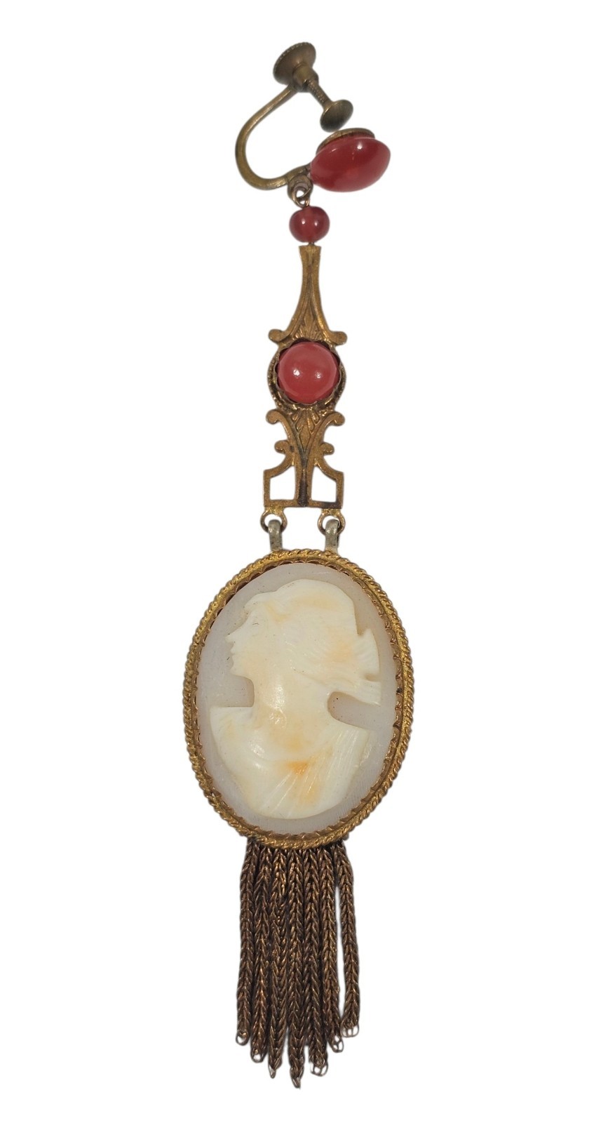 Antique Art Nouveau Single Dangle Earring Red Stones w/ Carved Cameo