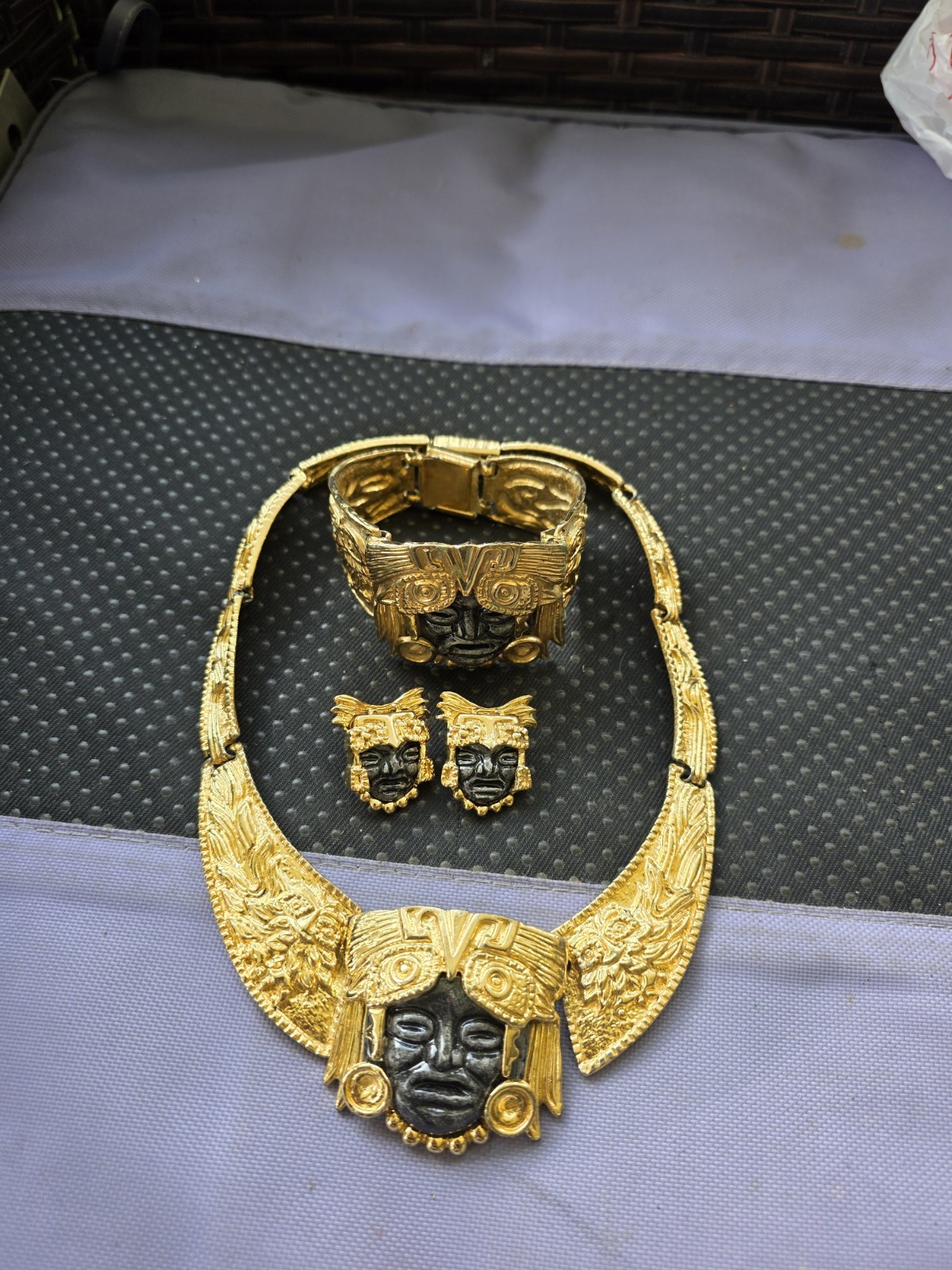 Salvador Teran for Marbel Mexico Necklace Set Aztec Maya 22k Plated Pre Owned #7