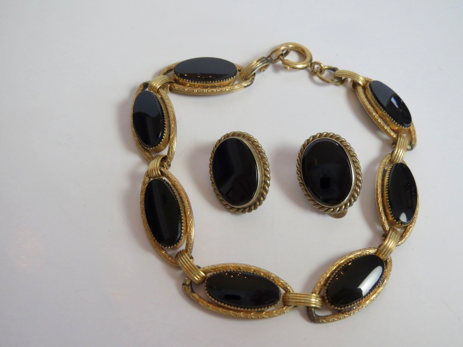 1/20th 12k Yellow Gold Filled BLACK ONYX Oval Link BRACELET & EARRING SET 7.5″