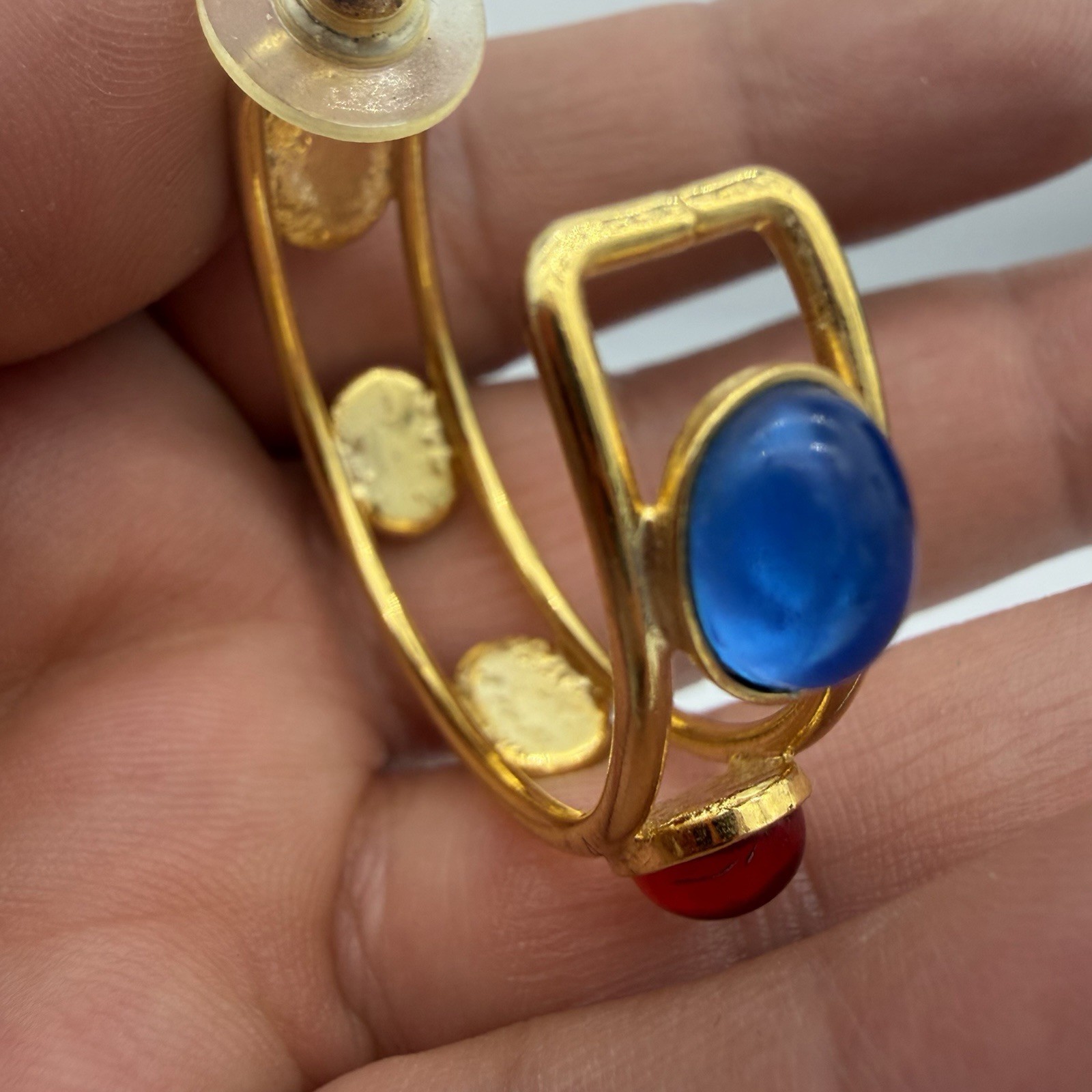 Vtg Mogul Hoop Earrings Gripoix Style Cabochon Red Blue Green Glass Large