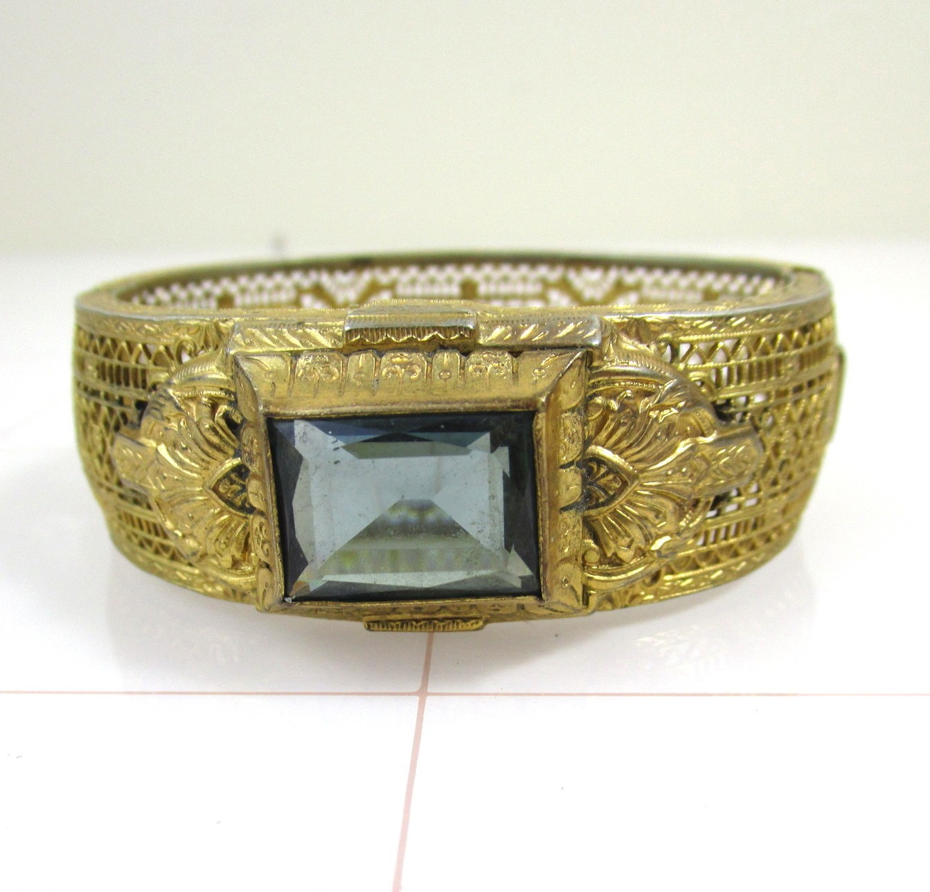 Antique Art Deco Gold Plated Filigree Bangle Bracelet Blue Stone ENW Elgin Watch