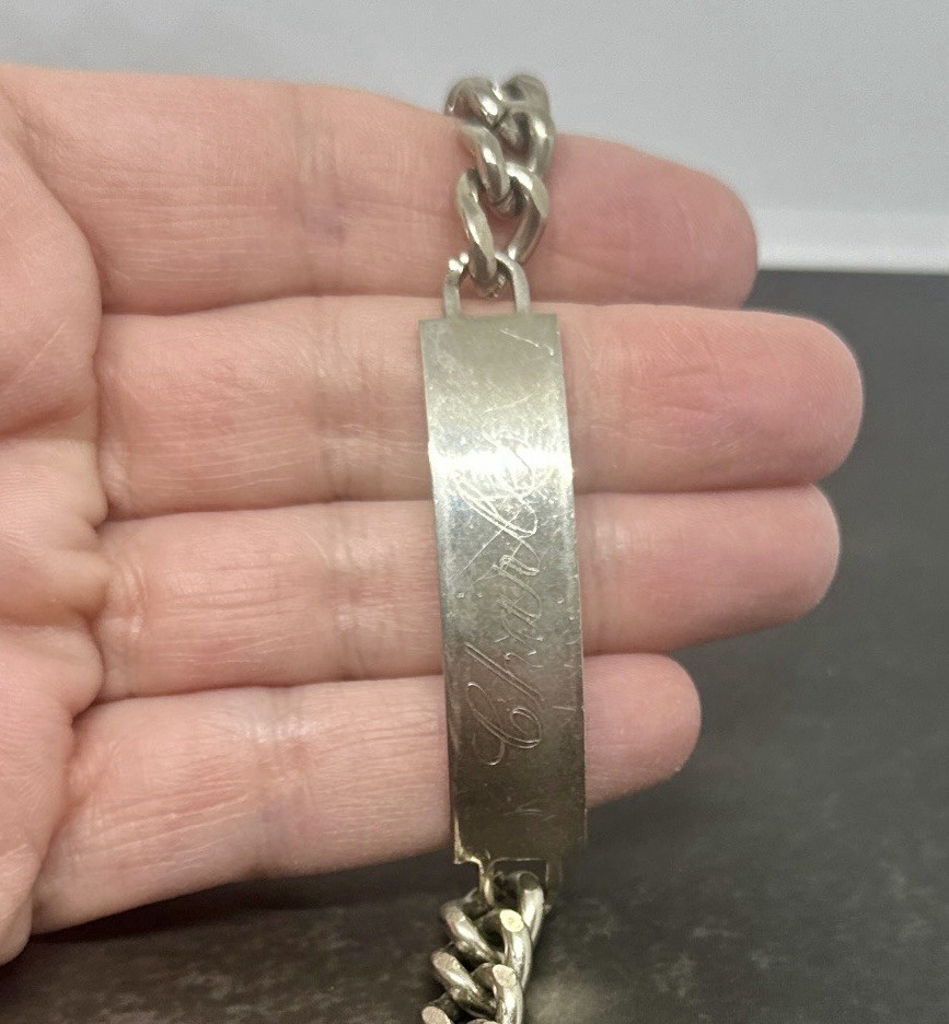 Vintage ID Bracelet Chunky Curb Chain CHARLES Made In Japan Silver Tone 7.5″