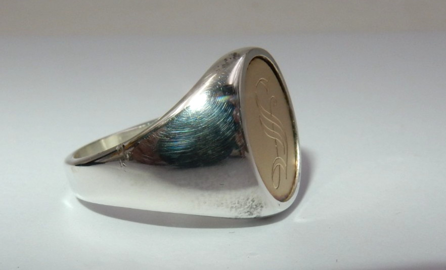 VINTAGE STERLING SILVER 14K GOLD SIGNET RING – “S” MONOGRAM, SIZE 9.5, 12 GRAMS