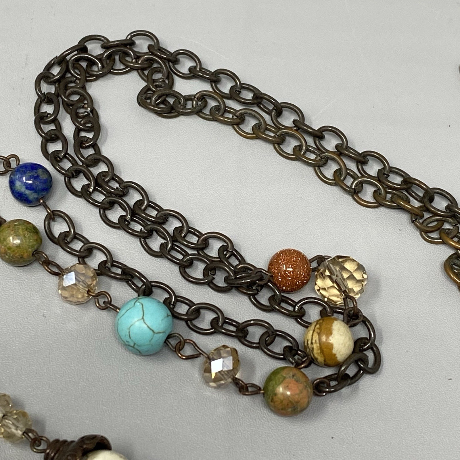 Bohemian Tassel Pendant Necklace Designer Assorted Gemstones Brown Chain 36″