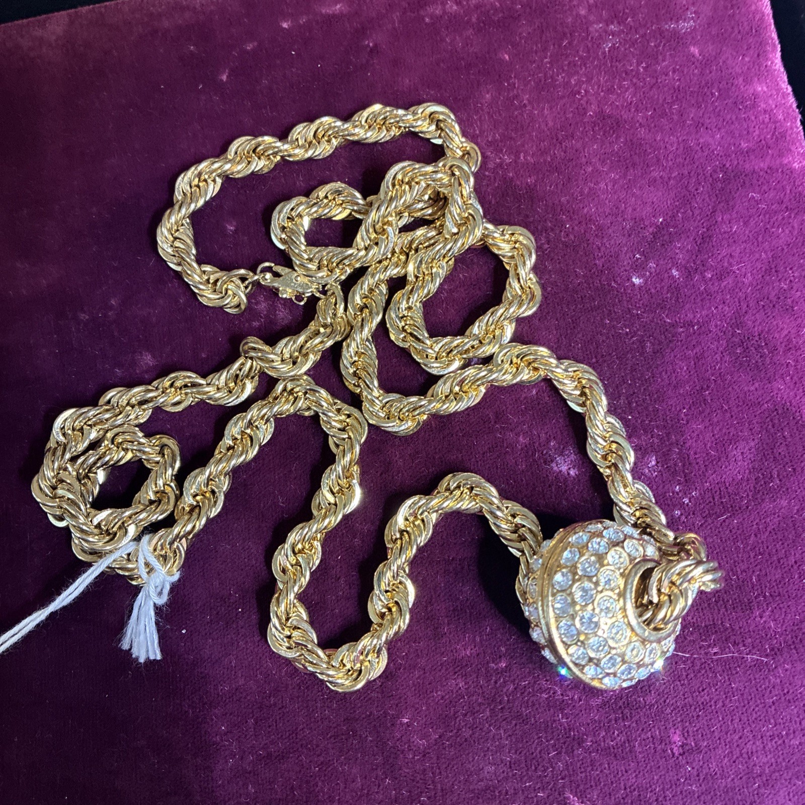 VTG Heavy 14K Gold Plated Rope Chain Crystal Pave Slide Ball Enhancer Necklace