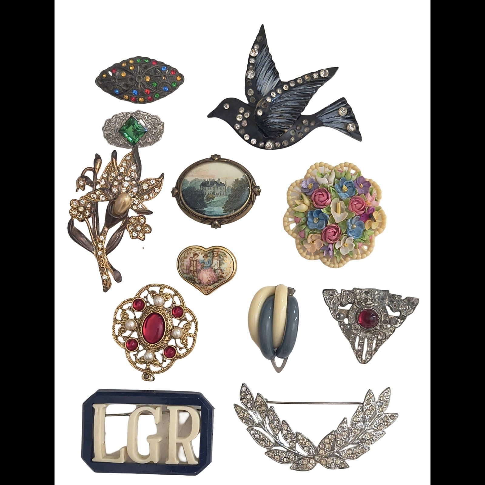 Vintage & Antique Deco Brooch Variety Craft Lot Pot Metal Celluloid Rhinestone
