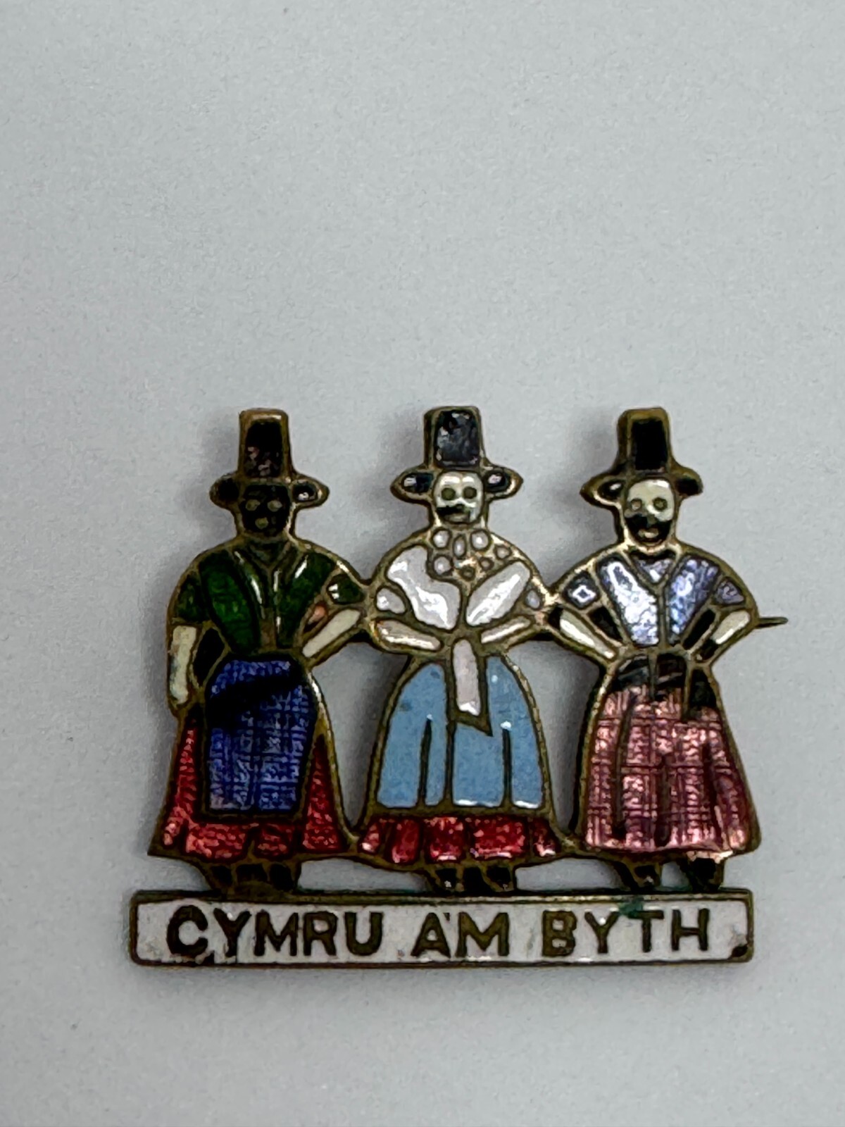 Antique Cymru Am Byth Pin, Wales Forever, Welsh Metal Multicolor Enamel Motto