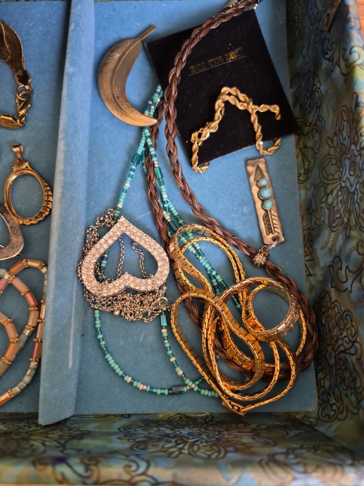 Vtg Jewelry Box With VTG- Now Costume Necklaces, Earings, Brooches, Pins, Etc.
