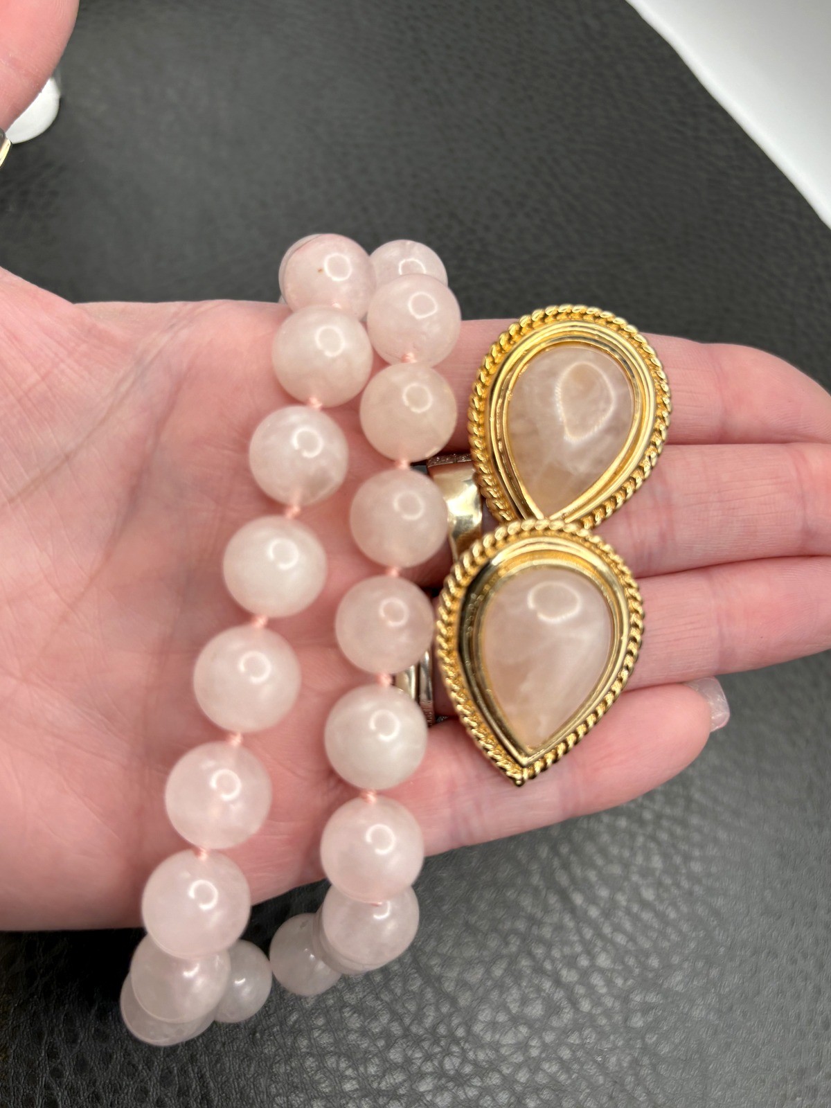Vintage 80s Rose Quartz Hand Bead Necklace Gold Tone Teardrop Clip Earrings Set
