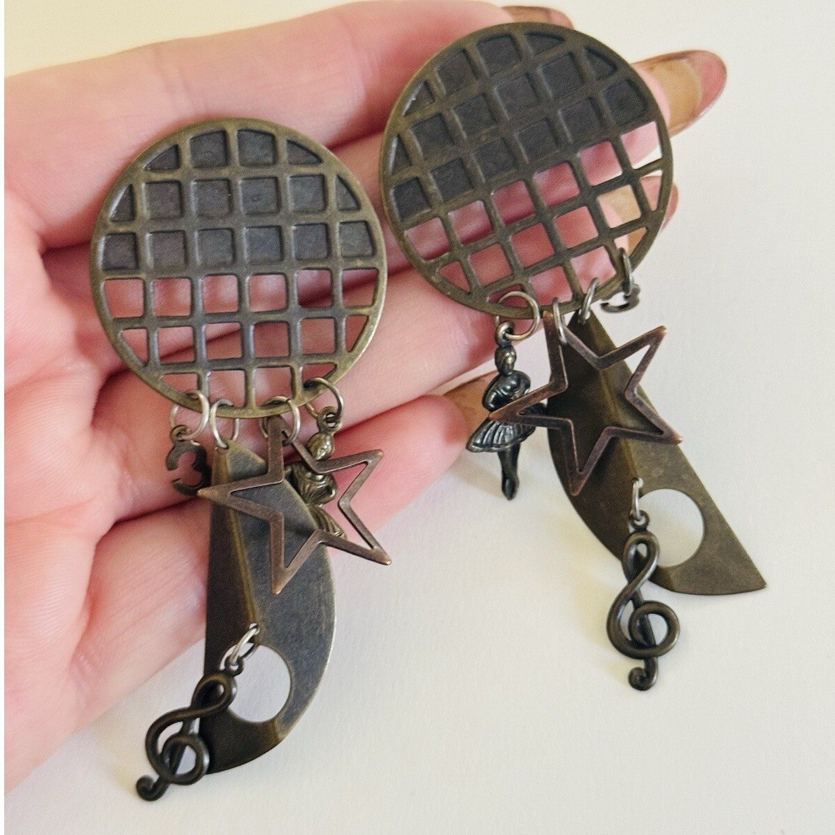 Statement BOHO Earrings VTG Star Ballerina Pierced Dangle Bronze Mod Charm 80s