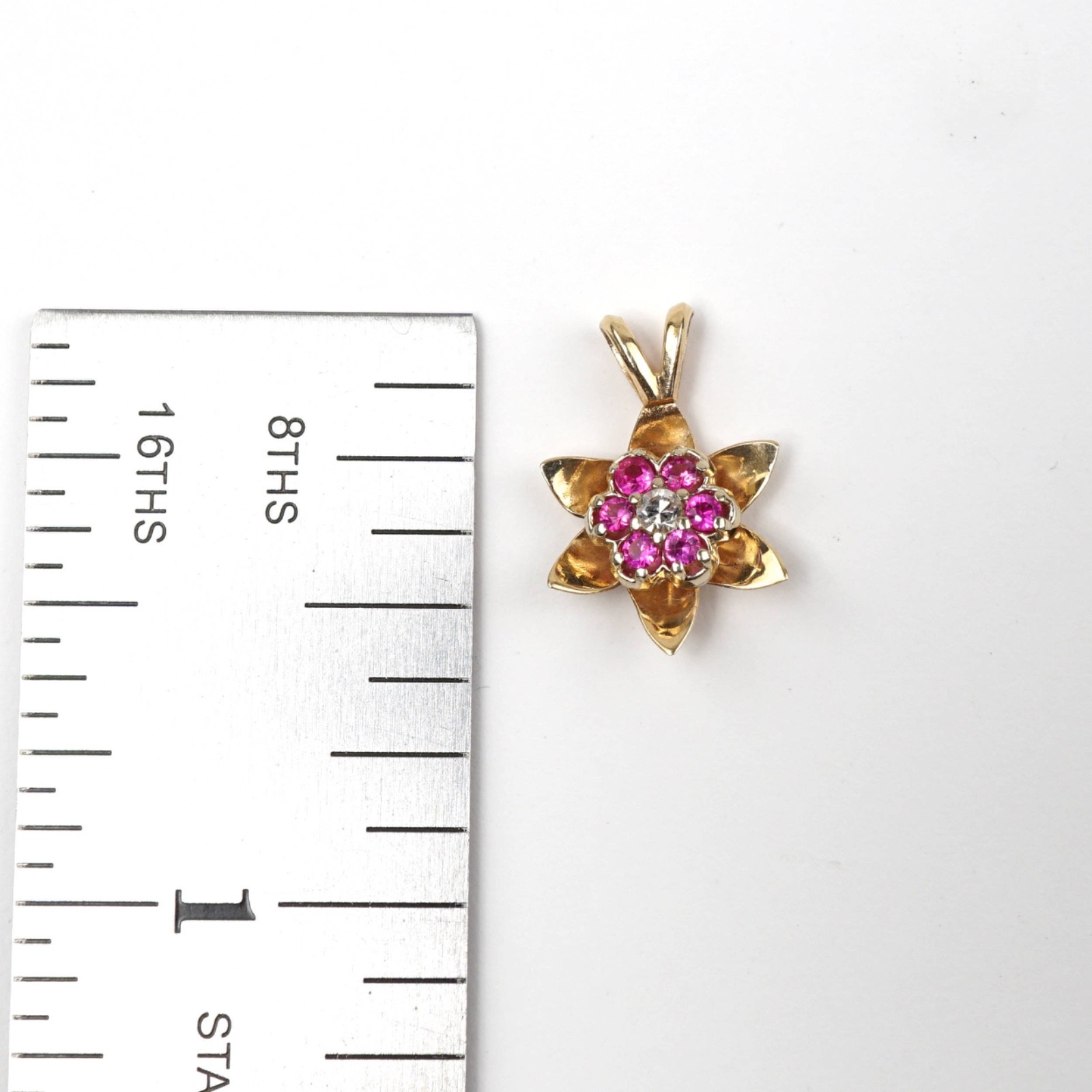 14K Solid Yellow White Gold Ruby Diamond Flower Pendant Necklace, Lab Ruby