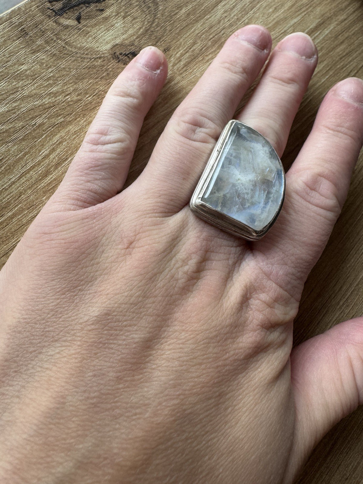 Vintage Silver Moonstone Asymmetrical Cabochon Bezel Set Statement Ring Size 8.5