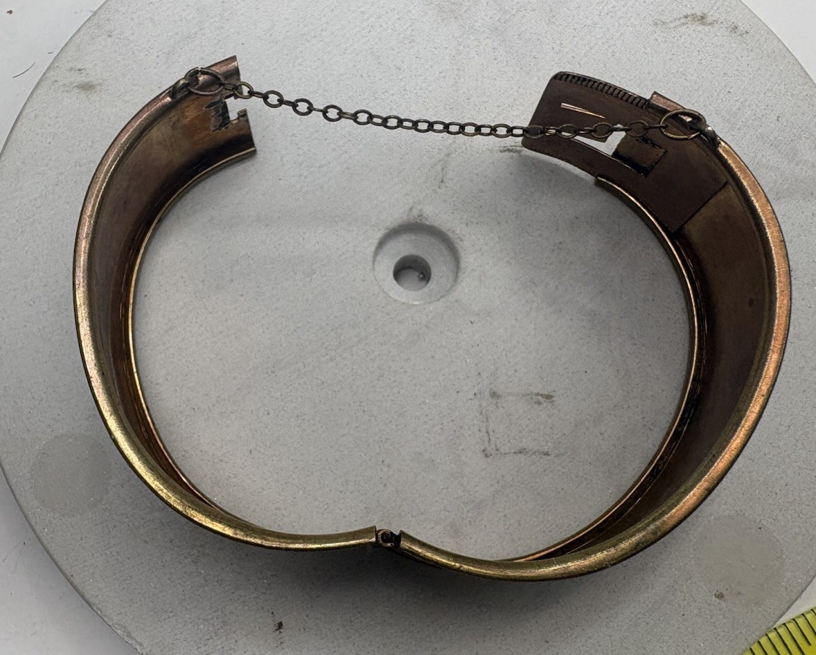 Vintage Etched Brass Wide Cuff Bracelet Floral Hinged Safety Chain