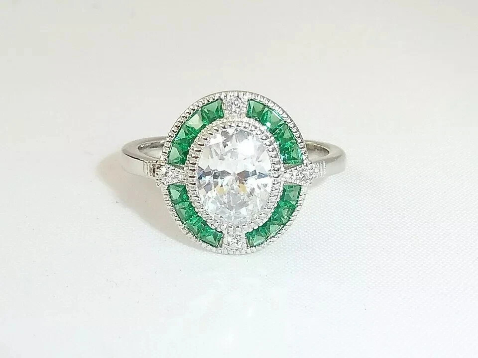 Art Deco Style Lab Created Diamond & Emerald Engagement 14K White Gold FN Ring