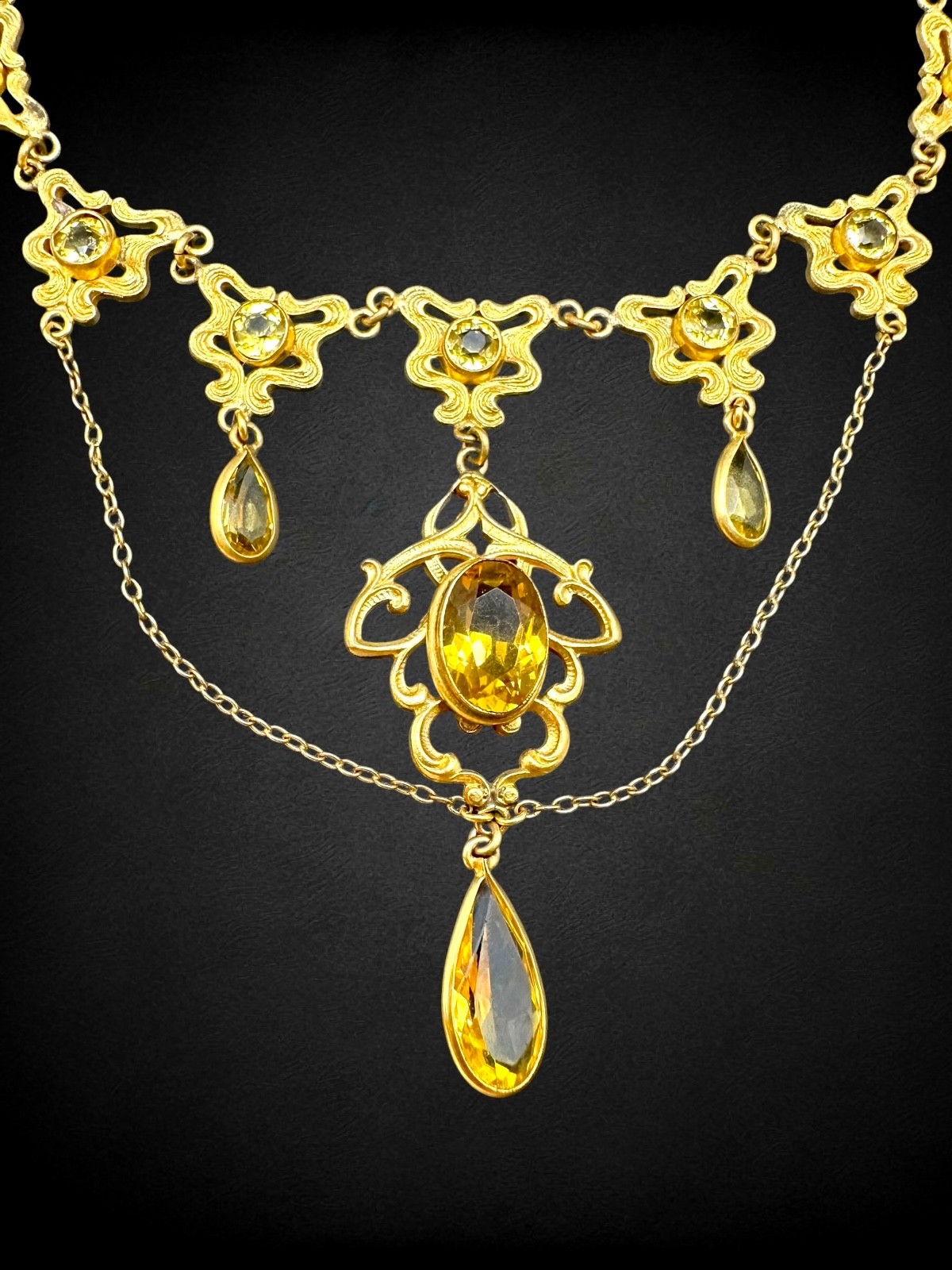Antique Art Nouveau Goldtone Citrine Glass Festoon Choker Pendant Necklace