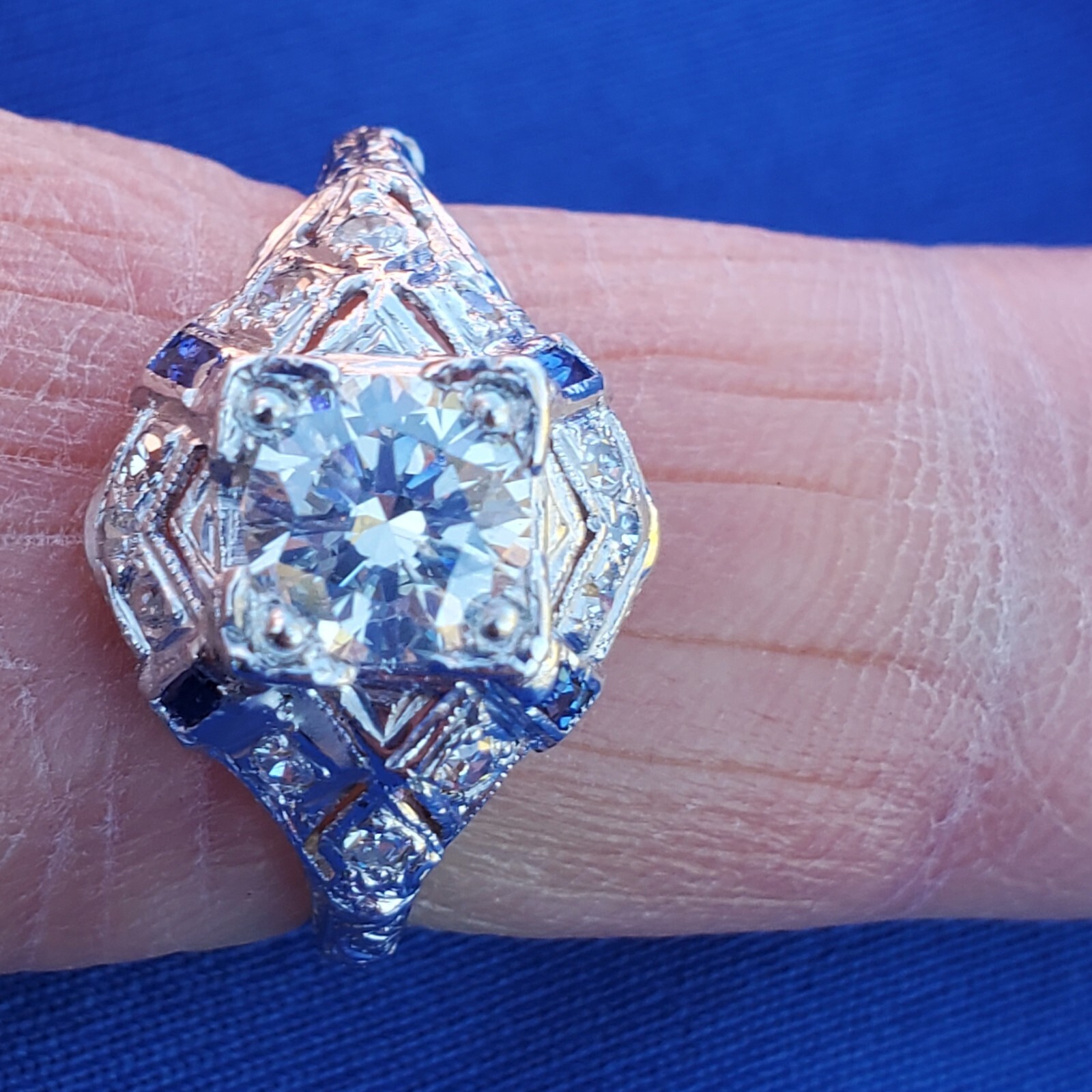 Original EARTH MINED DIAMOND Deco Engagement Ring 1 ct Vintage PLATINUM Sapphire