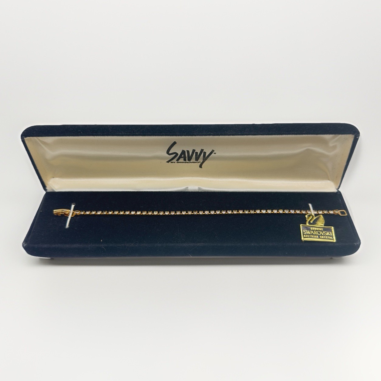Vintage Swarovski Crystal Tennis Bracelet by Savvy With Box Dainty Gold Tone 7