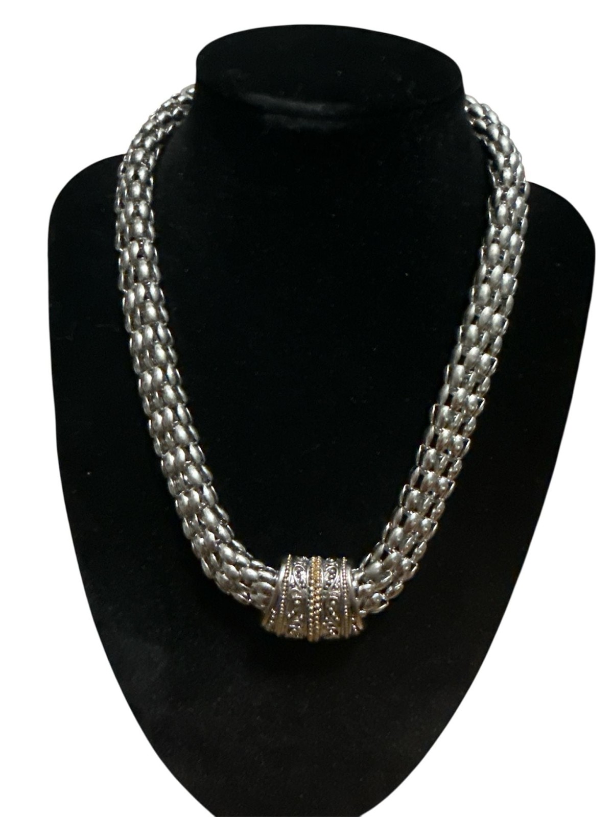 Vintage Two-Tone Silver and Gold Tone Woven Mesh Magnetic Clasp Necklace