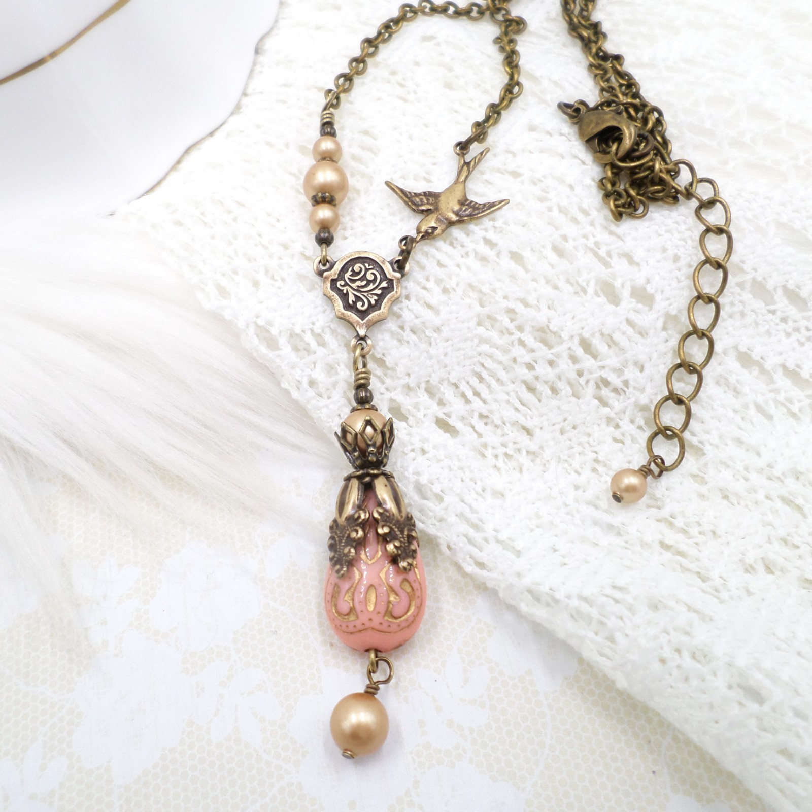 Victorian Style Brass Bird Necklace Pink Acrylic Bead Gold Pearl Handmade Unique