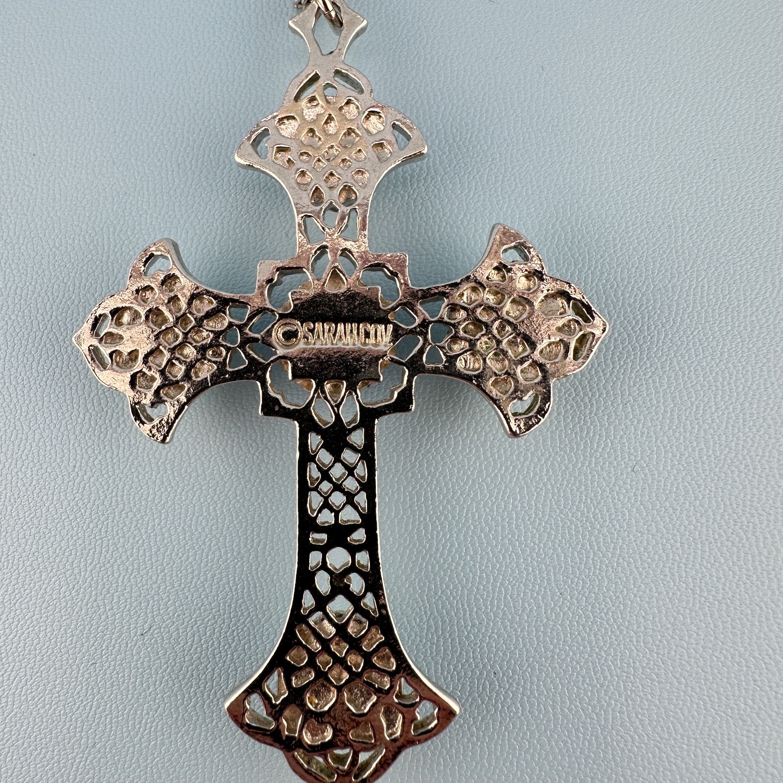 Vintage Cross Pendant Necklace LG Silver Tone Purple Cabochon Faux Pearl Signed