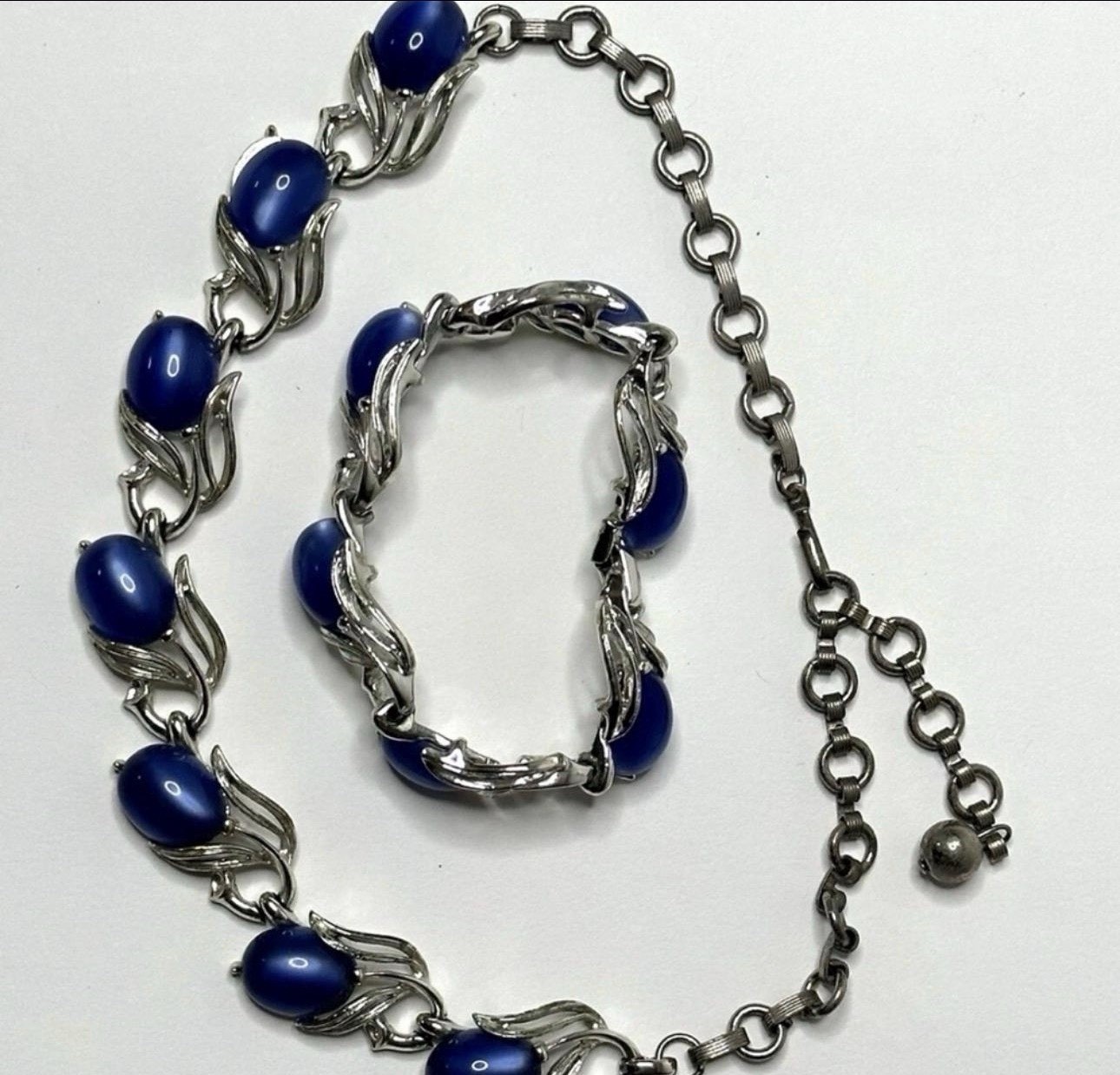 Vtg 1950s Lisner Signed Cobalt Blue Cabochon Leaf Necklace Bracelet Demi Parure