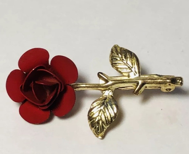 Small Vintage Brooch Red Rose Shaped Gold Tone Plated
