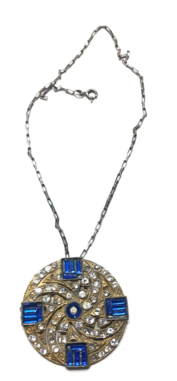925 Sterling Silver Antique Art Deco Blue & White Rhinestone Necklace 14″