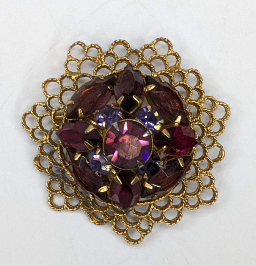Vtg Domed Openwork Gold Tone Prong Set Purple/Cranberry Glass Statement Brooch