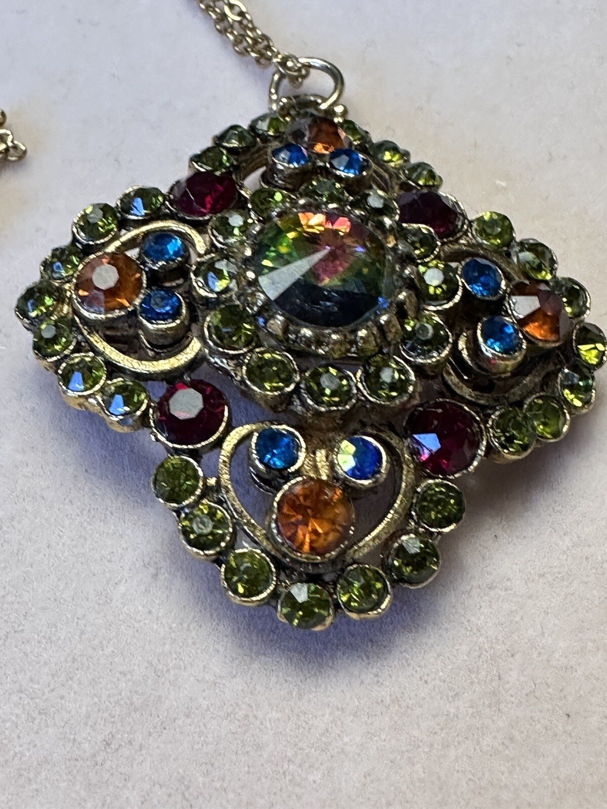 VTG EDLEE Gold Tone Watermelon & Multicolor Rhinestone Cross Brooch Pin Pendant