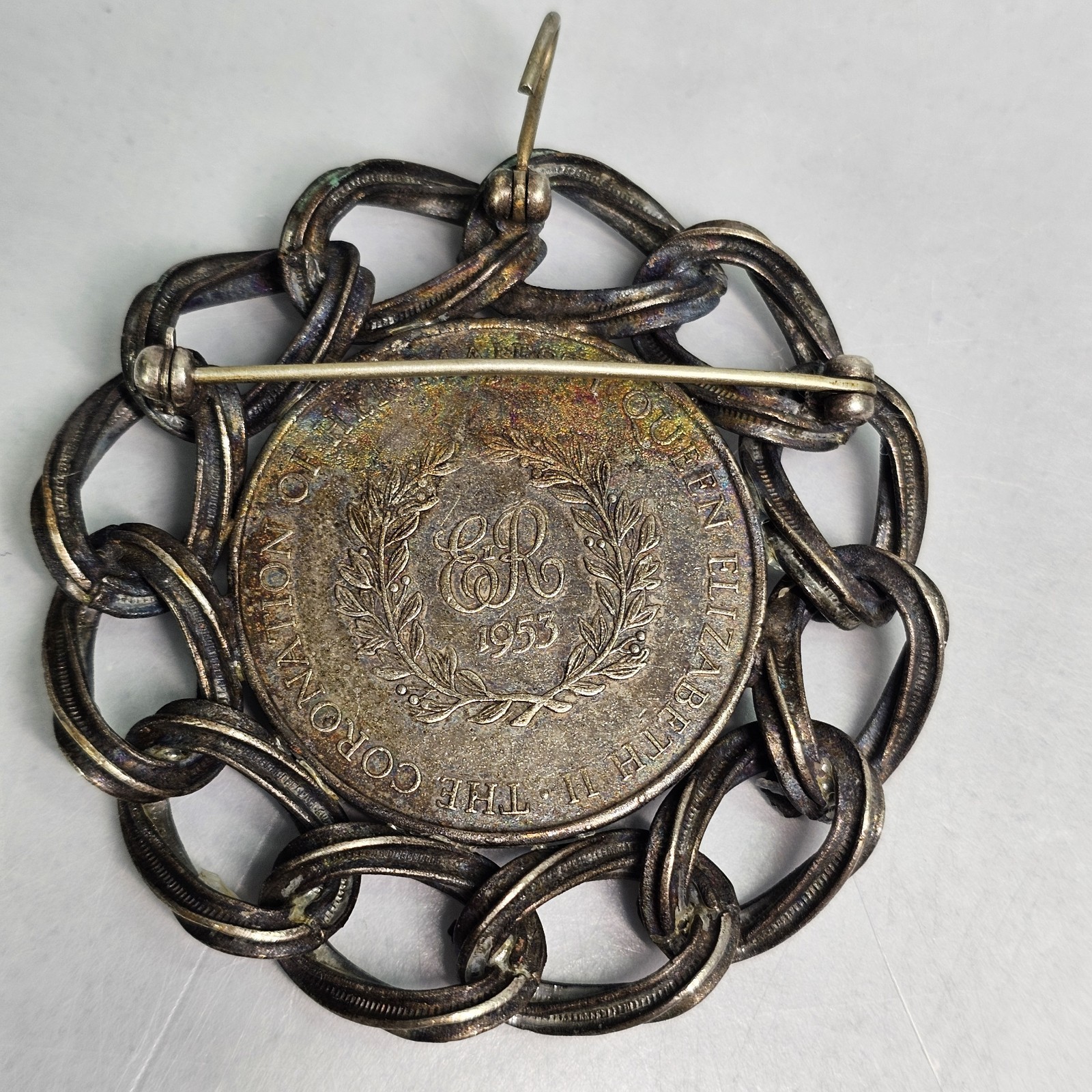 Vintage Queen Elizabeth Coronation Brooch Coin 1953