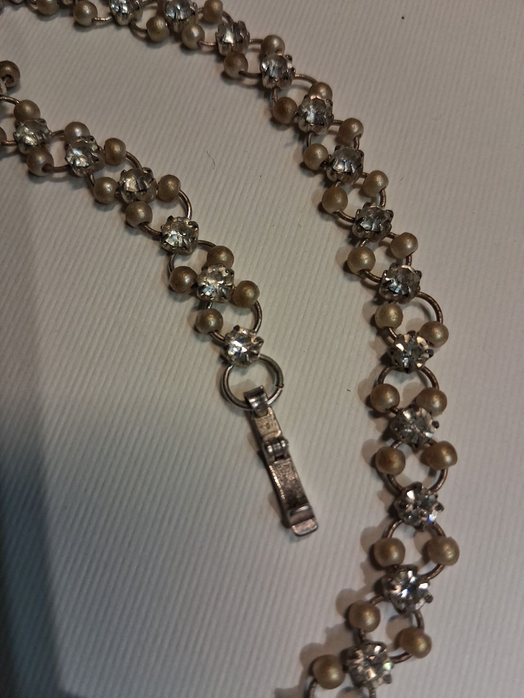 Vintage Style Faux Pearl & Rhinestone Link Choker Necklace Silver Tone…