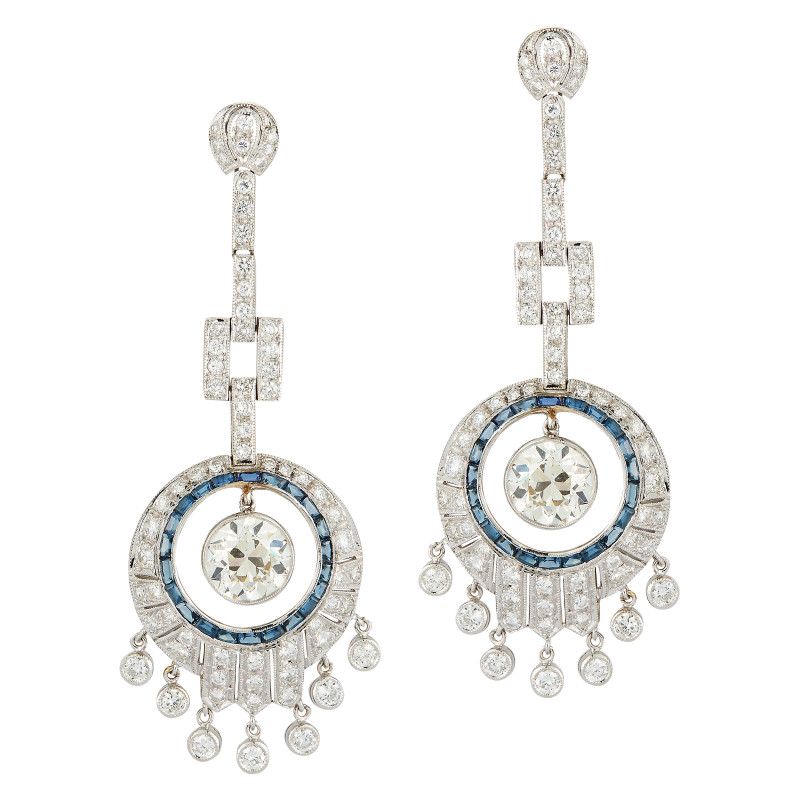 Old European Cut White CZ & Accented With Calibre-Cut Sapphires 10.TCW Earrings