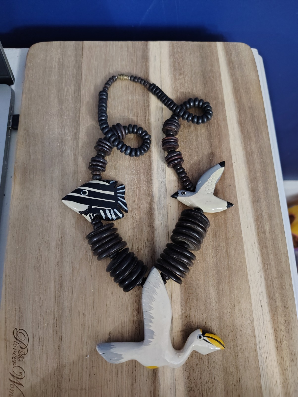 Folk Art Wooden Beach Bird Fish Necklace