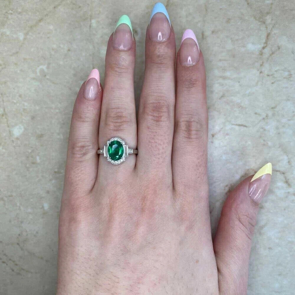 4.25Ct Art Deco Style Lab Created Emerald Engagement 14K White Gold Finish Ring