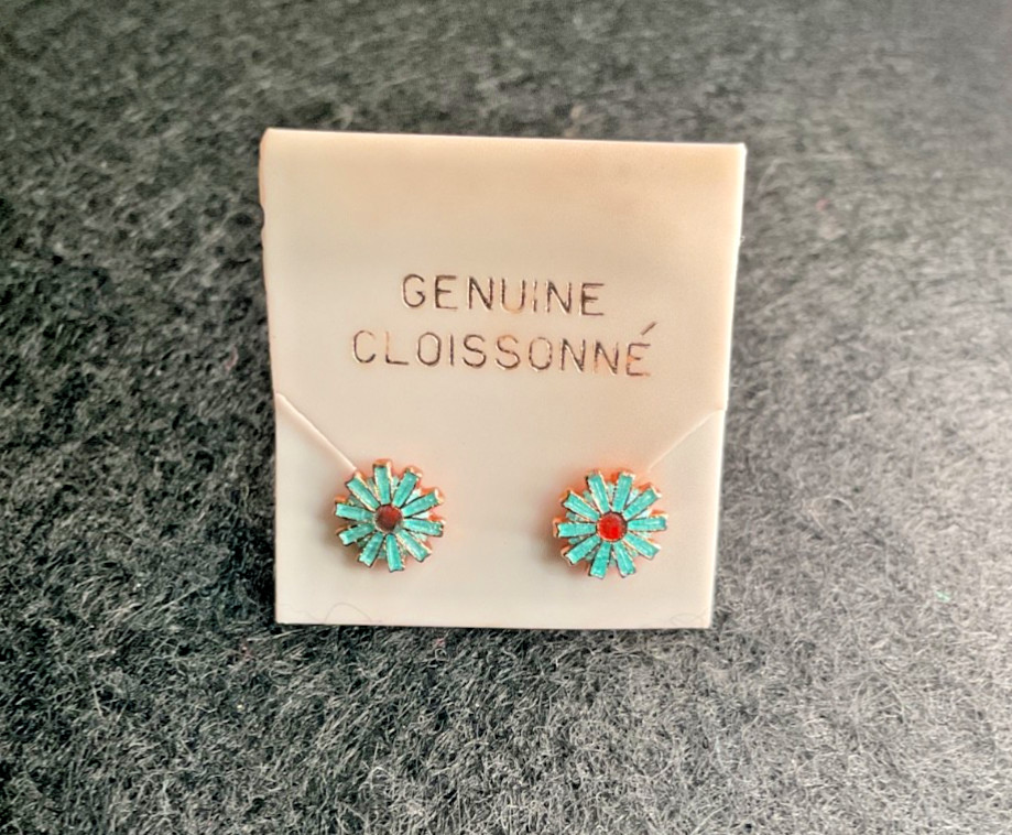 PAIR of 80’s VTG FLOWER GENUINE CLOISONNÉ GOLD FILL BACK POSTS PIERCED EARRINGS