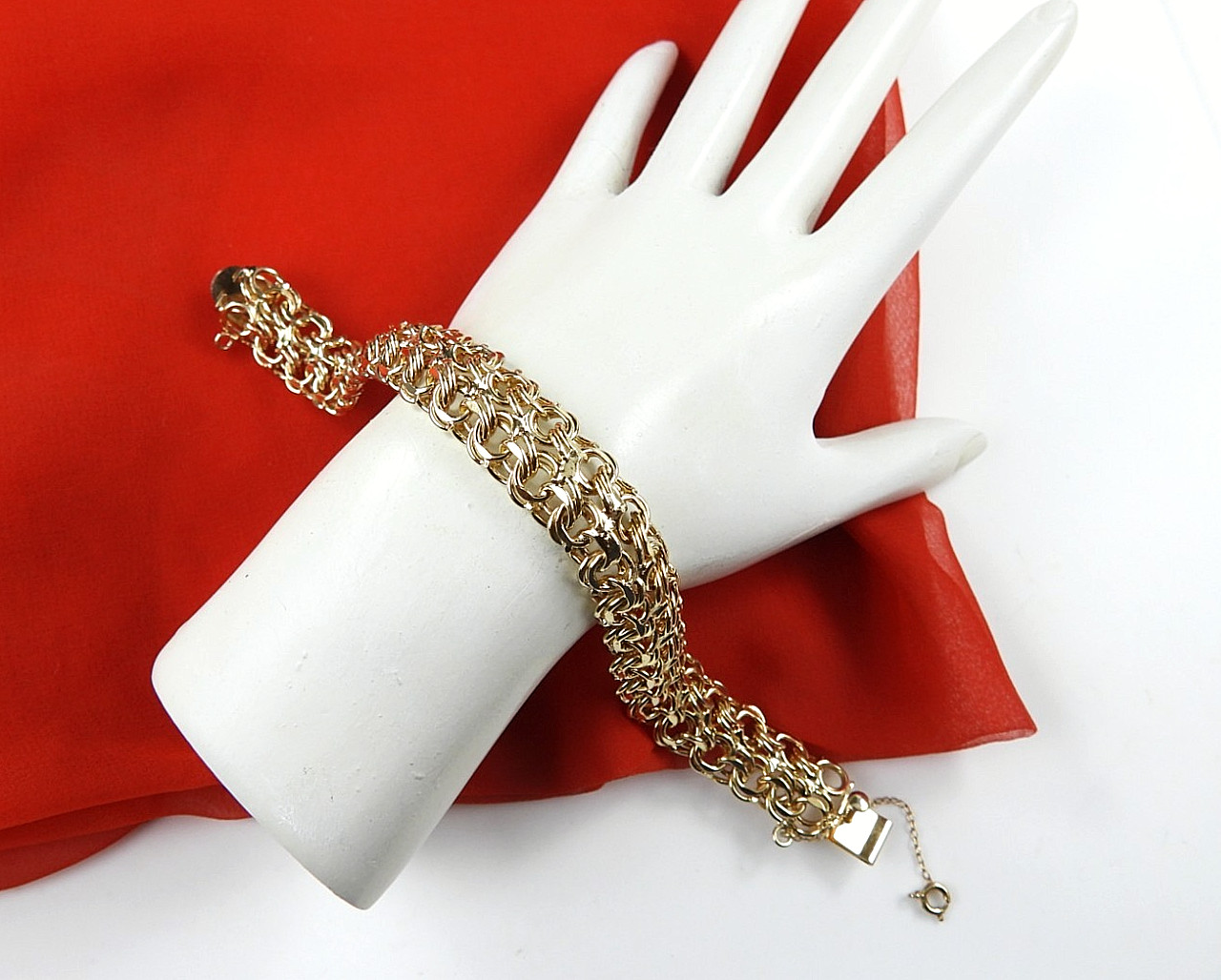 Vintage 12K Gold Filled Rare Fancy Charm Bracelet Chunky Curb Link Safety Chain