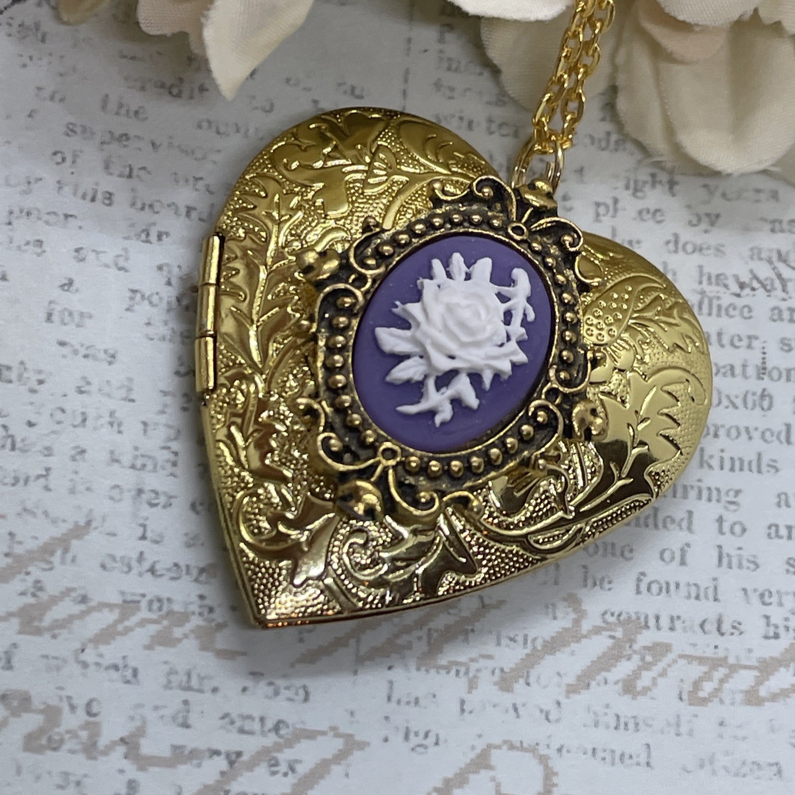Gold Heart Locket Photo Birthday Anniversary Wedding Purple Rose Cameo Necklace