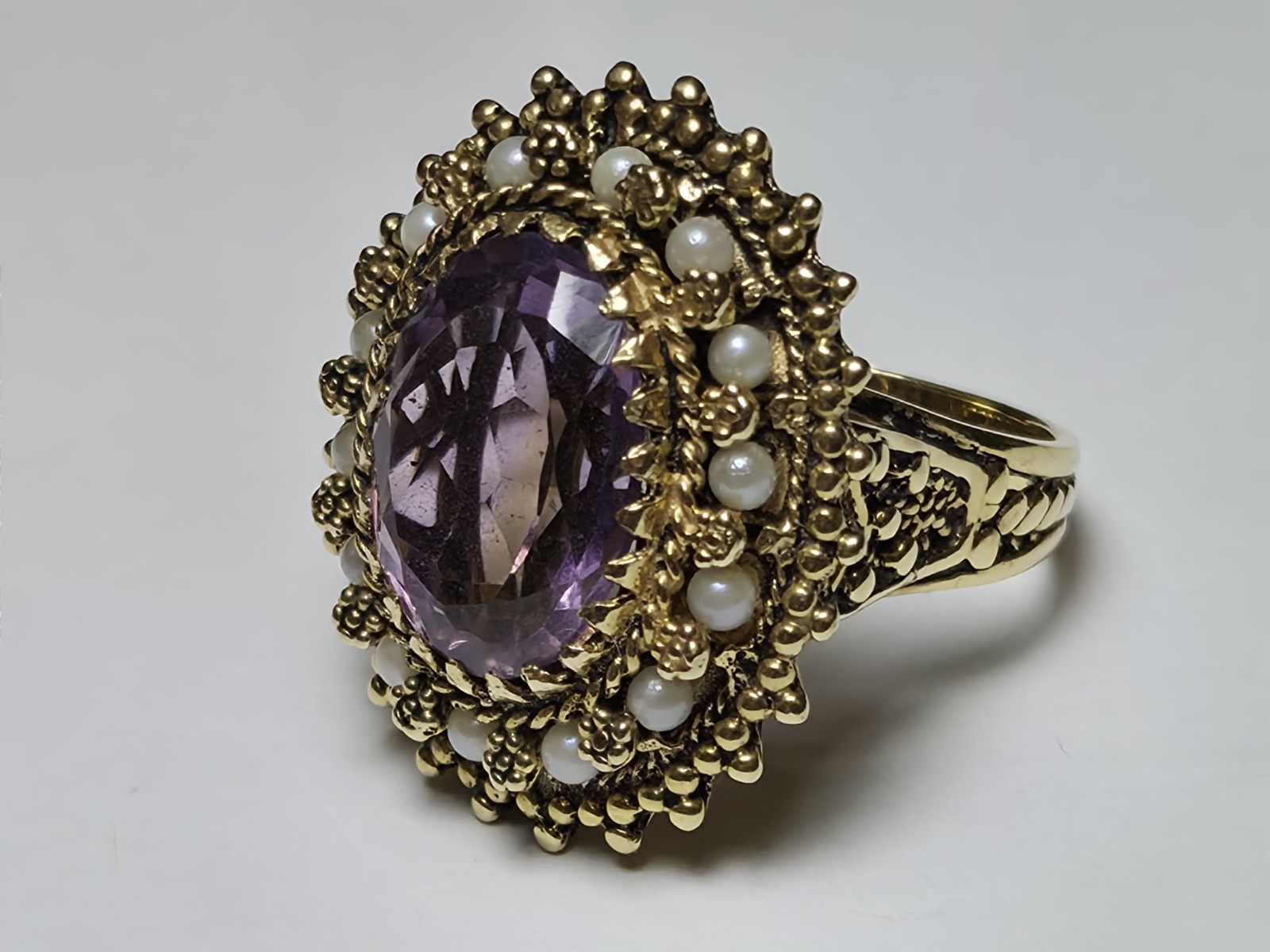 Vintage Signed 14k Yellow Gold Amethyst & Seed Pearl Ring Size 10