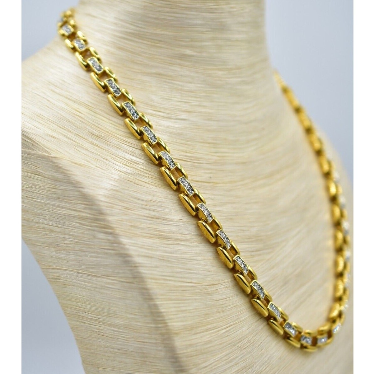 Vintage Crystal Linked Chain Collar Necklace Square Rhinestone 19.5″ 1980s Bin5